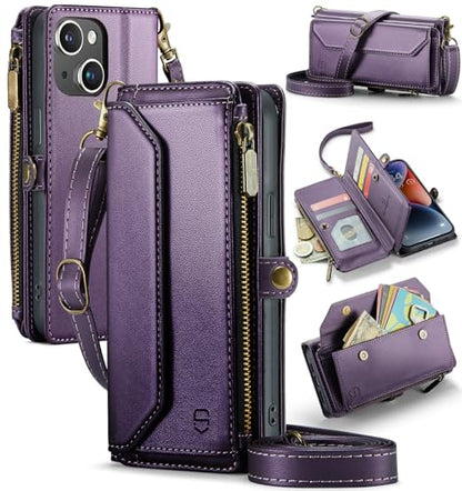 Strapurs Wallet Case Compatible with iPhone 13 RFID Blocking 7-Card Holder Soft PU Leather Magnetic Snap Shoulder Strap Zipper Pocket Phone Case Fit for iPhone 13 for Women 6.1" - Purple | RFID Blocking 7-Card Holder, Shoulder Lanyard, Wirst Strap, Zipper
