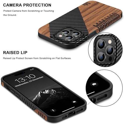 TENDLIN Magnetic Case Compatible with iPhone 14 Pro Case Wood Grain with Carbon Fiber Texture Design Leather Hybrid Slim Cover (Compatible with MagSafe) Twill - color: Magnetic Twill, size: iPhone 14 Pro