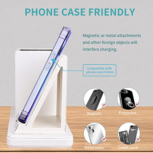 Wireless Charger with Desk Organizer, Wireless Charging Station for iPhone 14/14 Pro/13/12/11/Samsung Galaxy S23/S22/S21/S20/Note 20/Note 10, Charging Stand with Leather, White - color: White