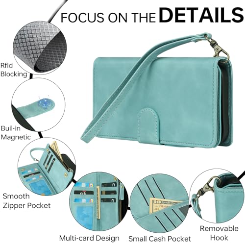 RANYOK Compatible with iPhone 16 Pro Max Wallet Case - PU Leather Wallet Case for iPhone 16 Pro Max with Credit Card Holder RFID Blocking Zipper Pocket [Wrist Strap] Protective Case (Baby Blue) - color: Light Blue, size: iPhone 16 Pro Max, 6.9"