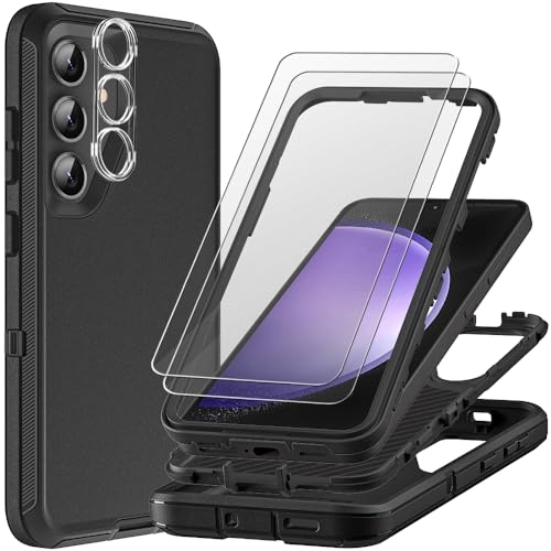 for Samsung Galaxy S23 FE Case with 2Pcs Tempered Glass Screen Protector and 1Pcs Camera Lens Protector, 3 in 1 Heavy Duty Shockproof/Drop Proof/Dust Proof Case (Black/Black) - color: Black/Black