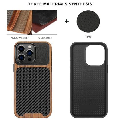 TENDLIN Compatible with iPhone 15 Pro Max Case Wood Grain with Carbon Fiber Texture Design Leather Hybrid Slim Case (Black) - color: Black, size: iPhone 15 Pro Max