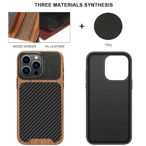 TENDLIN Compatible with iPhone 15 Pro Case Wood Grain with Carbon Fiber Texture Design Leather Hybrid Slim Case (Black) - color: Black, size: iPhone 15 Pro