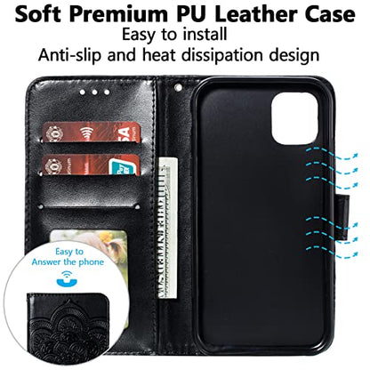 EYZUTAK Case for iPhone 13 Pro Max, Premium PU Leather Magnetic Flip Wallet Case with Card Holder Cash Slot Lanyard Strap Kickstand Function Embossed Mandala Flower Pattern Shockproof Cover - Black - color: Black, size: iPhone 13 Pro Max