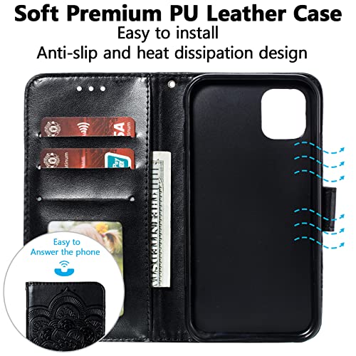 EYZUTAK Case for iPhone 14 Plus, Premium PU Leather Magnetic Flip Wallet Case with Card Holder Cash Slot Lanyard Strap Kickstand Function Embossed Mandala Flower Pattern Shockproof Cover - Black - color: Black, size: iPhone 14 Plus