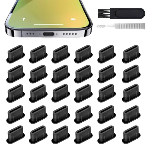 USB C Dust Plug for iPhone 17 16 15 Pro Max Plus, Silicone Type C Anti Dust Plugs Charging Port Covers Protector Cap 30 PCS for Galaxy S25-S24, Kindle, Pixel, Steam Deck, iPad | Cleaning Brush - color: Black