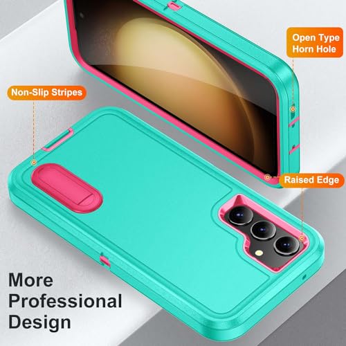 for Samsung Galaxy S23 FE Case with Kickstand Case 3-Layer Military Grade Protective Case Cover Silicone Heavy Duty Rugged Shockproof for Galaxy S23 FE Phone Case (Cyan+Rose Red) - color: Cyan+Rose Red