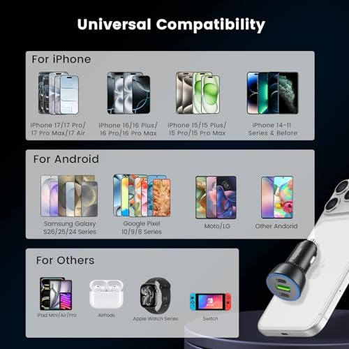 90W USB C Car Charger Multi Ports Adapter Fast Charging for iPhone Duo
