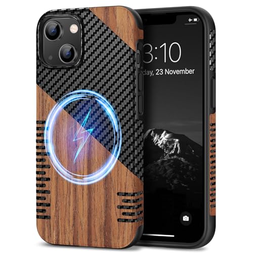 TENDLIN Magnetic Case Compatible with iPhone 14 Case Wood Grain with Carbon Fiber Texture Design Leather Hybrid Slim Cover (Compatible with MagSafe) Twill - color: Magnetic Twill, size: iPhone 14