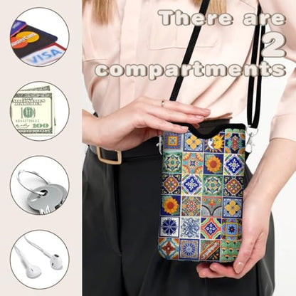 Universal Phone Sleeve Pouch with Crossbody Strap 7.6 X 4.3 Inches Shockproof Water Resistant Mobile Protection Bag-Mexican Talavera Tile Neoprene Phone Pouch Bag - color: Mexican Talavera Tile-Phone Pouch