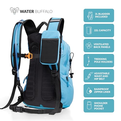 Water Buffalo Sherpa 22L Hiking Hydration Backpack, 2L Bladder | Hiking Backpack with Water Bladder, Waterproof Zippers, Phone Compartment, Trekking Pole Holders, Padded Straps - color: Light Blue