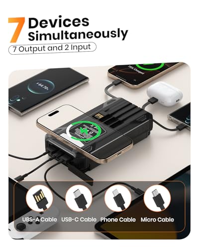 Solar Power Bank 48000mAh Built in 4 Cables, Wireless Portable Charger - color: Deep black