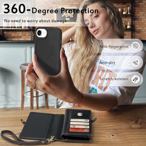 for Wallet Case Compatible with iPhone 16e / 17e ,Multi-Function Detachable 2 in 1 Magnetic iPhone 16e / 17e Case Wallet,Flip Strap Zipper Card Holder Phone Case with Shoulder Straps (Black) - color: Black, size: iPhone 16E