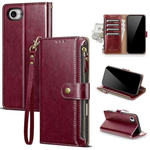 Compatible with iPhone 17e / 16e Wallet Case with Card Holder RFID Blocking Zipper Poket PU Leather Flip Phone Case with Wrist Strap Credit Card Slots Men Women,Wine Red - color: Wine Red