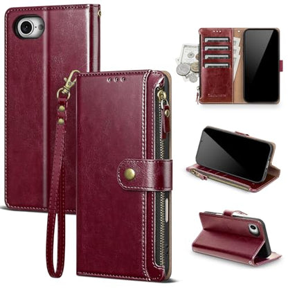 Compatible with iPhone 17e / 16e Wallet Case with Card Holder RFID Blocking Zipper Poket PU Leather Flip Phone Case with Wrist Strap Credit Card Slots Men Women,Wine Red - color: Wine Red