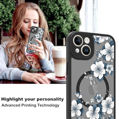 Magnetic for iPhone 15 Case,White Flower | [Compatible with MagSafe] Cute Fashion Translucent Matte Hard Back Shockproof Anti-Scratch Phone Case,Ink Flower - color: Ink Flower, size: iPhone 15