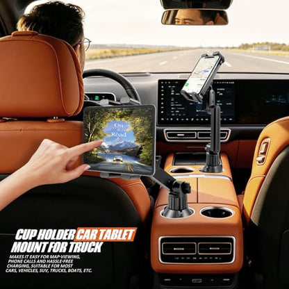 Cup Holder Tablet Mount for Car & Truck, Heavy Duty iPad Holder for Car, 15" Long Dual-Arm Adjustable Tablet Car Mount for iPad Pro 12.9/11/Air/Mini, Galaxy Z Fold 6/5/4, iPhone 17-11 (4.7-12.9")