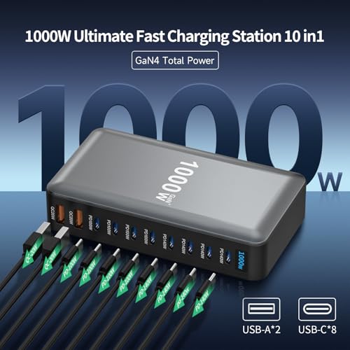 1000W 10-Port GaN 4 Desktop Charging Station with 240W 6.6 ft Data Cable - Compatible with Tablets, Phones, Laptops, Gaming Consoles, Headphones - size: 1000WGaN4