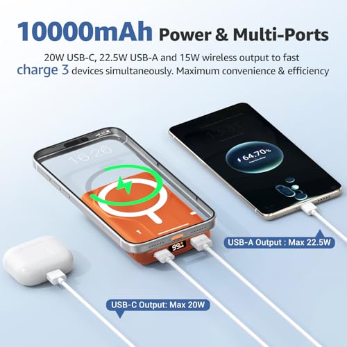 Azmuth for MagSafe Portable Charger, 10000mAh Magnetic Power Bank 20W PD - color: Orange