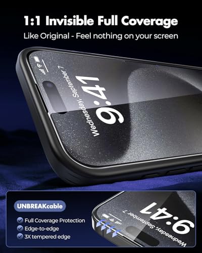 UNBREAKcable 3-Pack Screen Protector for iPhone 15 Pro Max,Tempered Glass | One Pull Perfection,Auto Dust Elimination,99.99% HD Clear,Bubble Free,Full Coverage for Apple 6.7 Inch - size: iPhone 15 Pro Max