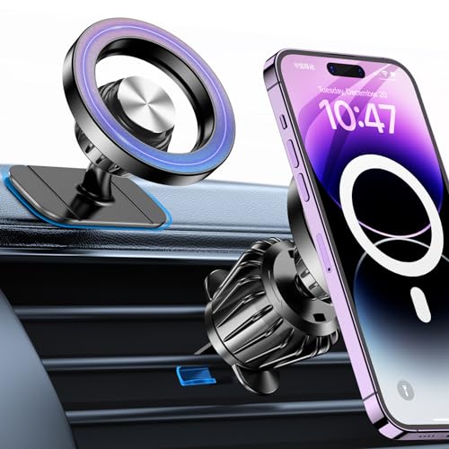 for iPhone Magsafe car Mount【20 Strong Magnets】Magnetic Phone Holder for Car Dashboard【360° Rotation】Hands Free Car Phone Holder Mount Dash Fit iPhone 15 14 13 12 Pro Max Plus MagSafe Car Accessories - color: Black