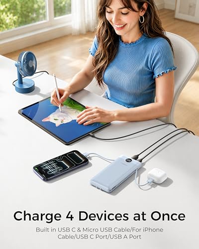 VEGER Portable Charger for iPhone, Power Bank Built in Cables and Wall Plug - color: D Blue