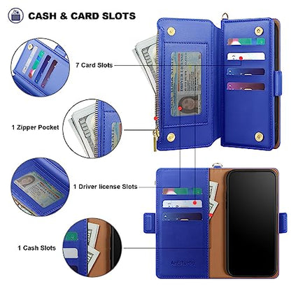 Antsturdy for iPhone 14 Plus Phone Wallet Case Women,Purple Blue | RFID Blocking,with Credit Card Holder Slots,PU Leather Purse,Zipper Pocket,Wrist Strap Kickstand,Flip Folio Cover for Men - color: Purple Blue