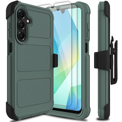 for Samsung Galaxy A16 5G Case with 2 Pack Tempered Glass Screen Protector, [Holster Series] Belt Clip Hard Tough Heavy Duty Rugged Shockproof Protective Cell Phone Case (Dark Green) - color: Dark Green