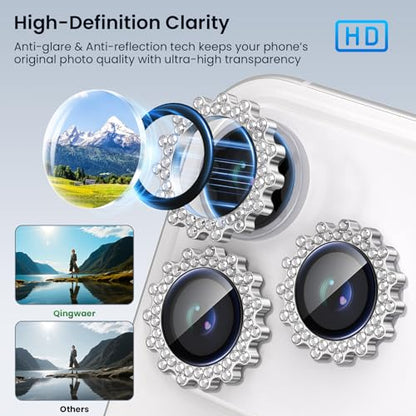 Compatible for iPhone 17 Pro/17 Pro Max Camera Lens Protector, Explosion-Proof 9H Tempered Glass with Diamond Gear Metal Ring, HD Anti-Scratch Lens Protection Decoration Accessories (Silver)