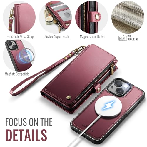 Defencase for iPhone 13 Phone Case Wallet Compatible with Magsafe, Wine Red | Magnetic Detachable, Drop-Proof Protective Wallet Cases Cover, with RFID Bolcking Card Holder, Zipper Strap, Soft PU Leather - color: (Detachable with Magsafe)-Wine Red