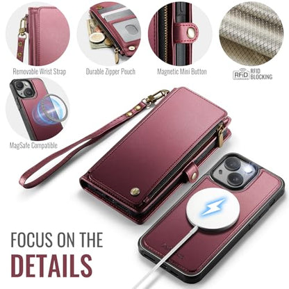 Defencase for iPhone 15 Phone Case Wallet Compatible with Magsafe, Wine Red | Magnetic Detachable, Drop-Proof Protective Wallet Cases Cover, with RFID Bolcking Card Holder, Zipper Strap, Soft PU Leather - color: (Detachable with Magsafe)-Wine Red