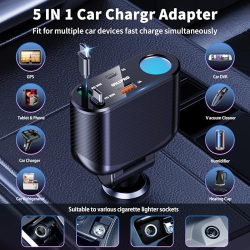 OHLPRO Retractable Car Charger Cigarette Lighter Adapter, 168W 5 in 1 Fast Phone Charging Built-in Replaceable Fuse, Socket Splitter with USB C and USB C Cord, Fit for Phone iPad Galaxy GPS, Grey - size: USB-C+USB-C
