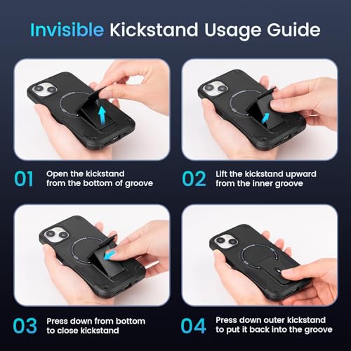Caka for iPhone 13 Case & iPhone 14 Case with Stand Black | Compatible with MagSafe, Built-in Hidden Kickstand, Solid Protective Dual-layer TPU+PC Shockproof Magnetic Phone Cover - color: Black
