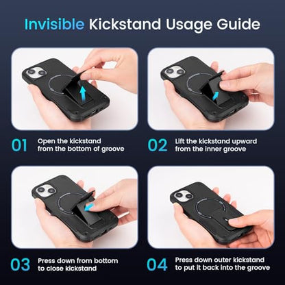 Caka for iPhone 13 Case & iPhone 14 Case with Stand Black | Compatible with MagSafe, Built-in Hidden Kickstand, Solid Protective Dual-layer TPU+PC Shockproof Magnetic Phone Cover - color: Black