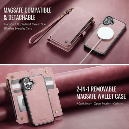 Defencase for iPhone 17 Phone Case Wallet Compatible with Magsafe, Rosepink | Magnetic Detachable, Drop-Proof Protective Wallet Cases Cover, with RFID Bolcking Card Holder, Zipper Strap, Soft PU Leather - color: (Detachable with Magsafe)-Pink