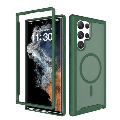 for Samsung Galaxy S22 Ultra Case Magnetic, Compatible with Magsafe 6.8-Inch Slim Fit 360 Heavy Duty Protector Wireless Charging Shockproof Anti-Slip TPU and PC Protective Phone Cover, Green - color: Green
