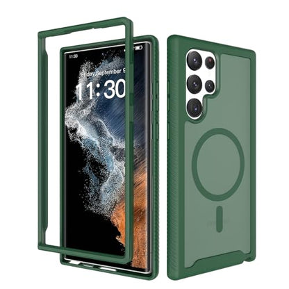 for Samsung Galaxy S22 Ultra Case Magnetic, Compatible with Magsafe 6.8-Inch Slim Fit 360 Heavy Duty Protector Wireless Charging Shockproof Anti-Slip TPU and PC Protective Phone Cover, Green - color: Green