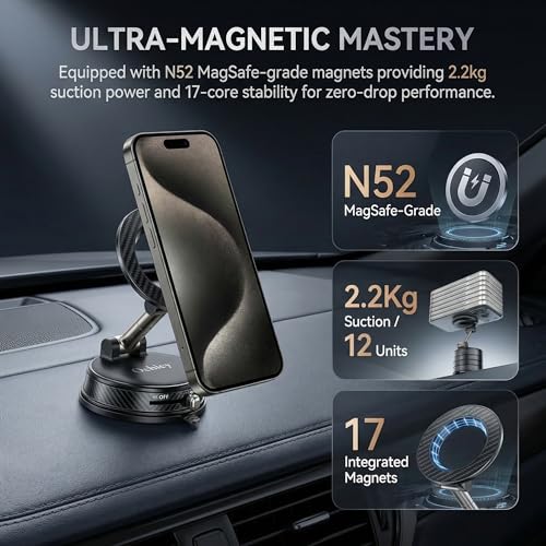 Car Phone Holder, Magnetic Phone Holder for Car, N52 Strong Magnets Suction Cup Mount, Dashboard Windshield, 1080° Rotation for All iPhone 17-12 Pro Max & Android