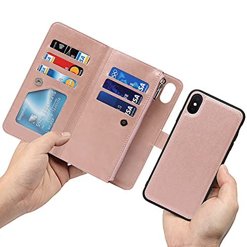 iCoverCase for iPhone X/XS Wallet Case with Card Holder and Wrist Strap, PU Leather Kickstand Card Slots Zipper Pocket Magnetic [Detachable] Flip Cover Case 5.8 Inch (Rose Gold) - color: Rose Gold