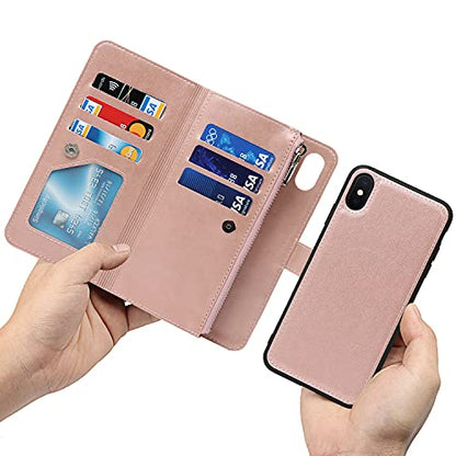 iCoverCase for iPhone X/XS Wallet Case with Card Holder and Wrist Strap, PU Leather Kickstand Card Slots Zipper Pocket Magnetic [Detachable] Flip Cover Case 5.8 Inch (Rose Gold) - color: Rose Gold