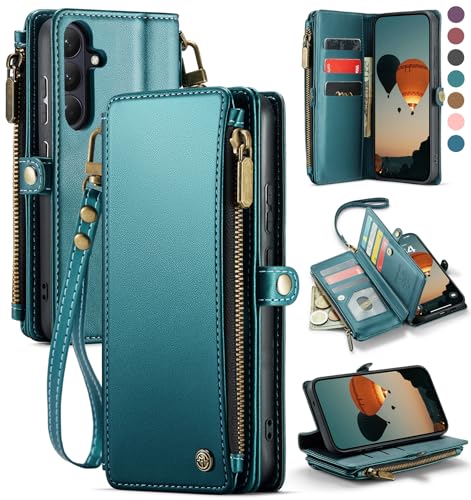 Defencase for Samsung Galaxy S26 Wallet Case with RFID Card Holder, Green | Durable Soft PU Leather, with Zipper Pocket, Wrist Strap, Fashion Snap Flip S26 Phone Cases Cover with Stand for Women Men - color: Blue Green