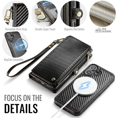 Defencase for iPhone 17 Phone Case Wallet Compatible with Magsafe, C-Black | Magnetic Detachable, Drop-Proof Protective Wallet Cases Cover, with RFID Bolcking Card Holder, Zipper Strap, Soft PU Leather - color: (Detachable with Magsafe)-Carbon Fiber Black