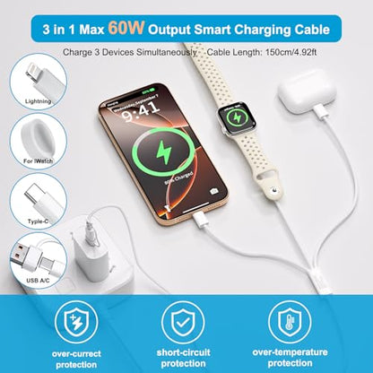 60W 3 in 1 Multi Chargers Cable for Apple Watch Fast Charging, Travel Essentials iWatch Charger Cord 5FT for iWatch Series Ultra 3/2/SE 3/11/10/9/8/7/6/5/4/iPhone17 15 16 Pro Max/14/13/12/11