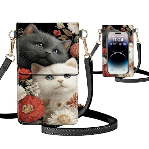 Small Crossbody Bags for Women Touchscreen Cell Phone Bag Cross Body Purses with adjustable Strap,Gifts For Teenage Girls - color: Black & White Cats