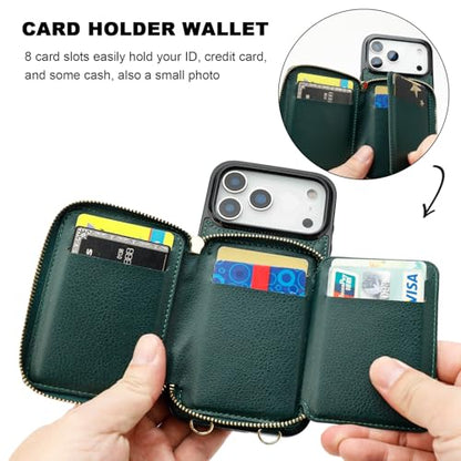 Bocasal Crossbody Wallet Case Card Holder for iPhone 17 Pro Max Dark Green | RFID Blocking PU Leather Zipper Handbag Purse, Kickstand Flip Folio Case with Card Slots Holder Wrist Strap Lanyard 6.9 Inch - color: Dark Green