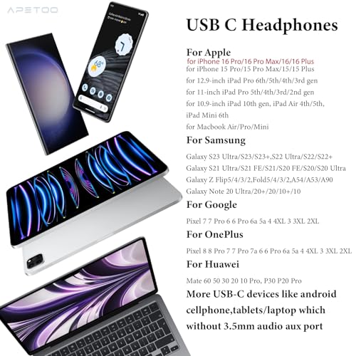 APETOO USB C Headphones for iPhone 18 Pro Max 17 16 15/iPad Air Earbuds - color: Black