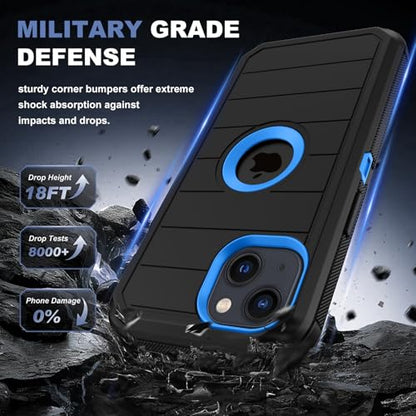 for iPhone 14 Case & iPhone 13 Case, Military-Grade Drop Protection 3-Layer Rugged Shell with Screen Protector, Full-Body Non-Slip Shockproof Heavy Duty Protective Bumper Phone Cover (Black Blue) - color: Black Blue