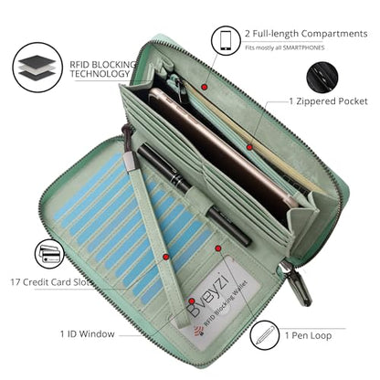 Bveyzi Women RFID Blocking Wallet Leather Zip Around Phone Clutch Large Capacity Ladies Travel Purse Wristlet - color: Sage Green