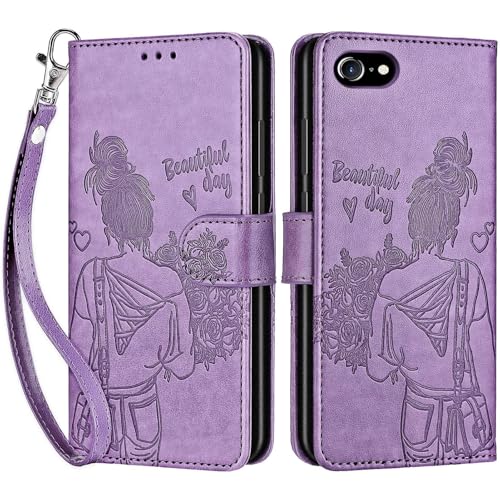 for iPhone SE 2022/7/8/SE 2020 Wallet case, Purple-Girl | 3 Card Holders, Kickstand, Shockproof TPU Shell, PU Leather, Magnetic Closure, Protective Flip Folio Cover, Women - color: 2