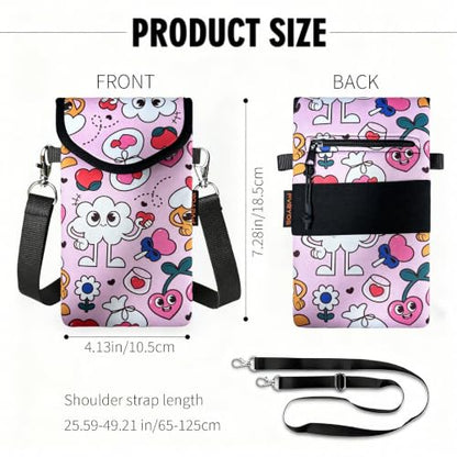 Neoprene Phone Sleeve Pouch Case Bag for Men Women w/Crossbody Strap/Neck Lanyard for iPhone 17/16/15/14 Pro Max, Samsung S25，Pixel 10 - color: Pink Cute Cartoon Hearts
